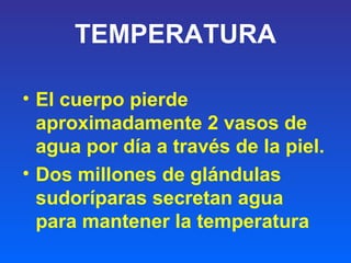 TEMPERATURA
• El cuerpo pierde
aproximadamente 2 vasos de
agua por día a través de la piel.
• Dos millones de glándulas
sudoríparas secretan agua
para mantener la temperatura
 
