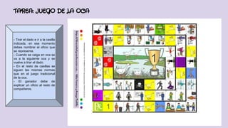 TAREA: JUEGO DE LA OCA

- Tirar el dado e ir a la casilla
indicada, en ese momento
debes nombrar el oficio que
se representa.
- Cuando se caiga en oca se
va a la siguiente oca y se
vuelve a tirar el dado.
- En el resto de casillas se
siguen las mismas normas
que en el juego tradicional
de la oca.
- El ganador debe de
explicar un oficio al resto de
compañeros.

 