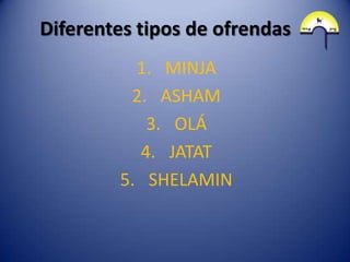 Diferentes tipos de ofrendas
          1. MINJA
         2. ASHAM
           3. OLÁ
          4. JATAT
        5. SHELAMIN
 