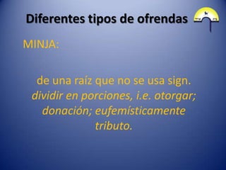 Diferentes tipos de ofrendas
MINJA:

  de una raíz que no se usa sign.
 dividir en porciones, i.e. otorgar;
   donación; eufemísticamente
              tributo.
 