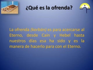 ¿Qué es la ofrenda?


La ofrenda (korbán) es para acercarse al
Eterno, desde Caín y Hebel hasta
nuestros días esa ha sido y es la
manera de hacerlo para con el Eterno.
 