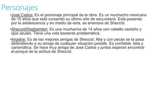 Personajes
•José Carlos: Es el personaje principal de la obra. Es un muchacho mexicano
de 15 años que está cursando su último año de secundaria. Está pasando
por la adolescencia y en medio de esta, se enamora de Sheccid.
•Sheccid/Deghemteri: Es una muchacha de 14 años con cabello castaño y
ojos azules. Tiene una vida bastante problemática.
•Ariadne: Es de las mejores amigas de Sheccid. Alta y con pecas se la pasa
defendiendo a su amiga de cualquier situación posible. Es confiable, lista y
carismática. Se hace muy amiga de José Carlos y juntos esperan encontrar
el porqué de la actitud de Sheccid.
 
