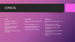 COPACOL
RETOS
Centralizar la logística.
Afrontar el aumento de la
producción.
Almacenar productos en las
mejores condiciones de
temperatura.
Garantizar la trazabilidad de la
mercadería.
SOLUCIONES
Almacén automático auto portante
a -25 ºC.
Almacén automático a 4 ºC.
Área de picking a temperatura
congelada y refrigerada.
Sistema Easy WMS de Mecalux.
BENEFICIOS
Aumento de la productividad en un
20%.
almacenamiento de 15.500
toneladas de carne en 15.800 m².
Trazabilidad exacta de 17.486
referencias.
Movimiento automático y seguro de
la mercadería.
Despacho diario de 925 toneladas
de carne.
 