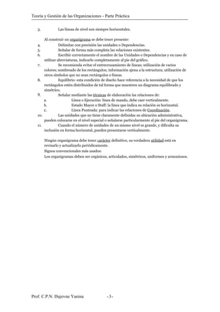 Teoría y Gestión de las Organizaciones - Parte Práctica
3. Las líneas de nivel son siempre horizontales.
Al construir un organigrama se debe tener presente:
4. Delimitar con precisión las unidades o Dependencias.
5. Señalar de forma más completa las relaciones existentes.
6. Escribir correctamente el nombre de las Unidades o Dependencias y en caso de
utilizar abreviaturas, indicarlo completamente al pie del gráfico.
7. Se recomienda evitar el entrecruzamiento de líneas; utilización de varios
colores; sombreado de los rectángulos; información ajena a la estructura; utilización de
otros símbolos que no sean rectángulos o líneas.
8. Equilibrio: esta condición de diseño hace referencia a la necesidad de que los
rectángulos estén distribuidos de tal forma que muestren un diagrama equilibrado y
simétrico.
9. Señalar mediante las técnicas de elaboración las relaciones de:
a. Línea o Ejecución: línea de mando, debe caer verticalmente.
b. Estado Mayor o Staff: la línea que indica su relación es horizontal.
c. Línea Punteada: para indicar las relaciones de Coordinación.
10. Las unidades que no tiene claramente definidas su ubicación administrativa,
pueden colocarse en el nivel especial o señalarse particularmente al pie del organigrama.
11. Cuando el número de unidades de un mismo nivel es grande, y dificulta su
inclusión en forma horizontal, pueden presentarse verticalmente.
Ningún organigrama debe tener carácter definitivo, su verdadera utilidad está en
revisarlo y actualizarlo periódicamente.
Signos convencionales más usados:
Los organigramas deben ser orgánicos, articulados, simétricos, uniformes y armoniosos.
Prof. C.P.N. Dujovne Yanina - -3
 