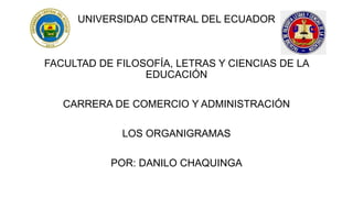 UNIVERSIDAD CENTRAL DEL ECUADOR

FACULTAD DE FILOSOFÍA, LETRAS Y CIENCIAS DE LA
EDUCACIÓN
CARRERA DE COMERCIO Y ADMINISTRACIÓN
LOS ORGANIGRAMAS
POR: DANILO CHAQUINGA

 