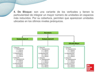 4. De Bloque: son una variante de los verticales y tienen la
particularidad de integrar un mayor número de unidades en espacios
más reducidos. Por su cobertura, permiten que aparezcan unidades
ubicadas en los últimos niveles jerárquicos.
Secretario
1. Dirección
1.1 Departamento
1.1.1 Oficina
1.1.2 Oficina
1.2 Departamento
1.2.1 Oficina
1.2.2 Oficina
2. Dirección
2.1 Departamento
2.1.1 Oficina
2.1.2 Oficina
2.2 Departamento
2.2.1 Oficina
2.2.2 Oficina
3. Dirección
3.1 Departamento
3.1.1 Oficina
3.1.2 Oficina
3.2 Departamento
3.2.1 Oficina
3.2.2 Oficina
4. Dirección
4.1 Departamento
4.1.1 Oficina
4.1.2 Oficina
4.2 Departamento
4.2.1 Oficina
4.2.2 Oficina
5. Dirección
5.1 Departamento
5.1.1 Oficina
5.1.2 Oficina
5.2 Departamento
5.2.1 Oficina
5.2.2 Oficina
6. Dirección
6.1 Departamento
6.1.1 Oficina
6.1.2 Oficina
6.2 Departamento
6.2.1 Oficina
6.2.2 Oficina
Subsecretaría A Subsecretaría B
Oficialía Mayor
 