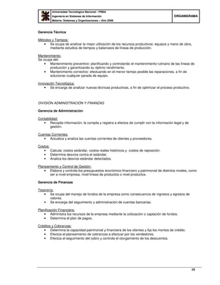 Universidad Tecnológica Nacional - FRBA
Ingeniería en Sistemas de Información
Materia: Sistemas y Organizaciones – Año 2008
OORRGGAANNIIGGRRAAMMAA
18
Gerencia Técnica
Métodos y Tiempos:
• Se ocupa de analizar la mejor utilización de los recursos productivos: equipos y mano de obra,
mediante estudios de tiempos y balanceos de líneas de producción.
Mantenimiento:
Se ocupa del:
• Mantenimiento preventivo: planificando y controlando el mantenimiento rutinario de las líneas de
producción y garantizando su óptimo rendimiento.
• Mantenimiento correctivo: efectuando en el menor tiempo posible las reparaciones, a fin de
solucionar cualquier parada de equipo.
Innovación Tecnológica:
• Se encarga de analizar nuevas técnicas productivas, a fin de optimizar el proceso productivo.
DIVISIÓN ADMINISTRACIÓN Y FINANZAS
Gerencia de Administración
Contabilidad:
• Recopila información, la compila y registra a efectos de cumplir con la información legal y de
gestión.
Cuentas Corrientes:
• Actualiza y analiza las cuentas corrientes de clientes y proveedores.
Costos:
• Calcula: costos estándar, costos reales históricos y costos de reposición.
• Determina desvíos contra el estándar.
• Analiza los desvíos estándar detectados.
Planeamiento y Control de Gestión:
• Elabora y controla los presupuestos económico-financiero y patrimonial de distintos niveles, como
ser a nivel empresa, nivel líneas de productos o nivel productos.
Gerencia de Finanzas
Tesorería:
• Se ocupa del manejo de fondos de la empresa como consecuencia de ingresos y egresos de
valores.
• Se encarga del seguimiento y administración de cuentas bancarias.
Planificación Financiera:
• Administra los recursos de la empresa mediante la colocación o captación de fondos.
• Determina el plan de pagos.
Créditos y Cobranzas:
• Determina la capacidad patrimonial y financiera de los clientes y fija los montos de crédito.
• Efectúa el planeamiento de cobranzas a efectuar por los vendedores.
• Efectúa el seguimiento del cobro y controla el otorgamiento de los descuentos.
 