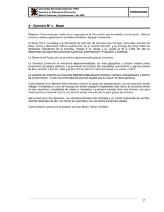 Universidad Tecnológica Nacional - FRBA
Ingeniería en Sistemas de Información
Materia: Sistemas y Organizaciones – Año 2008
OORRGGAANNIIGGRRAAMMAA
27
4 – Ejercicio Nº 4 – Bazar
Objetivos: Documente por medio de un organigrama la información que se detalla a continuación. Detecte
errores y realice sugerencias si considera necesario. Agregar 2 asesorías.
El Bazar S.R.L. se dedica a la fabricación de todo tipo de artículos para el hogar, entre ellos artículos de
baño, cocina y decoración. María José Cruces, es la Gerente General y se encarga de tomar todas las
decisiones importantes de la empresa. Trabaja 8 hs diarias y su sueldo es de $ 5.000. De ella se
desprenden las siguientes Gerencias: Comercial, Administración, Producción y Sistemas.
La Gerencia de Producción se encuentra departamentalizada por funciones.
La Gerencia Comercial se encuentra departamentalizada por área geográfica y compra materia prima
proveniente de países asiáticos. Los productos terminados son exportados nuevamente a algunos países
de Asia, también a España, Italia y Austria. En los últimos 2 años las ventas han subido un 40%.
La Gerencia de Sistemas se encuentra departamentalizada por procesos (ingresos, procesamiento y archivo
de la información). Existe una oficina técnica para los equipos que se utilizan en dicha gerencia.
Carlos Estevez es el Gerente Administrativo y tiene a su cargo dos departamentos: uno de costos (en donde
trabajan 3 empleados) y otro de finanzas (en donde trabajan 6 empleados). Este último se encuentra divido
en dos secciones: contabilidad de costos e impuestos. La primera (costos) tiene dos oficinas: una para
materia prima y mano de obra, la otra sección posee una sola oficina para gastos secundarios.
María José tiene dos asesores, una secretaria llamada Inés Andrada y un comité organizado de escritos.
Además dependen de ella: una oficina de seguridad y una secretaría de asuntos legales.
Carlos Estevez cuenta con la asesoría de Juan Martín Ferrari, contador.
 