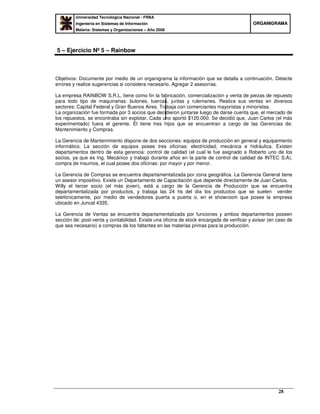 Universidad Tecnológica Nacional - FRBA
Ingeniería en Sistemas de Información
Materia: Sistemas y Organizaciones – Año 2008
OORRGGAANNIIGGRRAAMMAA
28
5 – Ejercicio Nº 5 – Rainbow
Objetivos: Documente por medio de un organigrama la información que se detalla a continuación. Detecte
errores y realice sugerencias si considera necesario. Agregar 2 asesorías.
La empresa RAINBOW S.R.L, tiene como fin la fabricación, comercialización y venta de piezas de repuesto
para todo tipo de maquinarias: bulones, tuercas, juntas y rulemanes. Realiza sus ventas en diversos
sectores: Capital Federal y Gran Buenos Aires. Trabaja con comerciantes mayoristas y minoristas.
La organización fue formada por 3 socios que decidieron juntarse luego de darse cuenta que, el mercado de
los repuestos, se encontraba sin explotar. Cada uno aportó $120.000. Se decidió que, Juan Carlos (el más
experimentado) fuera el gerente. Él tiene tres hijos que se encuentran a cargo de las Gerencias de:
Mantenimiento y Compras.
La Gerencia de Mantenimiento dispone de dos secciones: equipos de producción en general y equipamiento
informático. La sección de equipos posee tres oficinas: electricidad, mecánica e hidráulica. Existen
departamentos dentro de esta gerencia: control de calidad (el cual le fue asignado a Roberto uno de los
socios, ya que es Ing. Mecánico y trabajó durante años en la parte de control de calidad de INTEC S.A),
compra de insumos, el cual posee dos oficinas: por mayor y por menor.
La Gerencia de Compras se encuentra departamentalizada por zona geográfica. La Gerencia General tiene
un asesor impositivo. Existe un Departamento de Capacitación que depende directamente de Juan Carlos.
Willy el tercer socio (el más joven), está a cargo de la Gerencia de Producción que se encuentra
departamentalizada por productos, y trabaja las 24 hs del día los productos que se suelen vender
telefónicamente, por medio de vendedores puerta a puerta o, en el showroom que posee la empresa
ubicado en Juncal 4335.
La Gerencia de Ventas se encuentra departamentalizada por funciones y ambos departamentos poseen
sección de: post-venta y contabilidad. Existe una oficina de stock encargada de verificar y avisar (en caso de
que sea necesario) a compras de los faltantes en las materias primas para la producción.
 