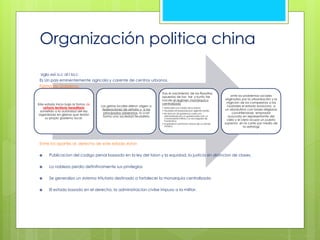 Organización politica china 
Este estado inicio bajo la forma de 
señorio territoria hereditario 
sometido a la autoridad del rey 
organizada en glebas que tenian 
su propio gobierno local. 
Las gerras locales dieron origen a 
federaciones de señorio y a los 
principados soberanos, lo cual 
formo una sociedad feudalista 
Tras el nacimiento de las filosofias 
opuestas de lao tse y kunfu tse 
nacde el regimen monárquico 
centralizado 
• extendido por medio de la fuerza, 
• Feudales remplazados por agentes reales 
• Se divio en 36 gobiernos cada uno 
administrado por un gobernador civil, un 
comandante militar y un encargado de 
hacienda,} 
• el gobierno central en manos de un primer 
ministro, 
ante los problemas sociales 
originados por la urbanización y la 
migrcion de los campesinos a las 
ciudades el estado evolucino a 
un absolutimo con bases religiosas 
convirtiendose emprador 
auocrata en representante del 
cielo y el clero ocupo un puesto 
supremo en la corte por medio de 
la astrologi 
siglo xxii a.c al I Ia.c 
Es Un pais eminentemente agricola y carente de centros urbanos. 
Forma de Gobierno: 
Entre los aportes al derecho de este estado estan 
 Publicacion del codigo penal bassado en la ley del taion y la equidad, la justicia sin distincion de clases. 
 La nobleza perdio definitivamente sus privilegios 
 Se generalizo un sistema tritutario destinado a fortalecer la monarquia centralizada 
 El estado basado en el derecho, la administracion civilse impuso a la militar. 
 