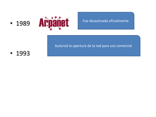 • 1989

Fue desactivada oficialmente

Autorizó la apertura de la red para uso comercial

• 1993

 
