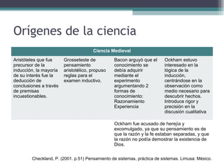 Ciencia Medieval
Aristóteles que fue
precursor de la
inducción, la mayoría
de su interés fue la
deducción de
conclusiones a través
de premisas
incuestionables.
Grosseteste de
pensamiento
aristotélico, propuso
reglas para el
examen inductivo.
Bacon arguyó que el
conocimiento se
debía adquirir
mediante el
experimento
argumentando 2
formas de
conocimiento:
Razonamiento
Experiencia
Ockham estuvo
interesado en la
lógica de la
inducción,
centrándose en la
observación como
medio necesario para
descubrir hechos.
Introduce rigor y
precisión en la
discusión cualitativa
Ockham fue acusado de herejía y
excomulgado, ya que su pensamiento es de
que la razón y la fe estaban separadas, y que
la razón no podía demostrar la existencia de
Dios.
Orígenes de la ciencia
Checkland, P. (2001. p.51) Pensamiento de sistemas, práctica de sistemas. Limusa: México.
 