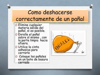 Como deshacerse
correctamente de un pañal
O Elimine cualquier
materia sólida del
pañal, si es posible.
O Enrolle el pañal
sobre sí mismo , con
la parte limpia hacia
afuera.
O Utilice la cinta
adhesiva para
cerrarlo
O Coloque los pañales
en un bote de basura
cerrado
 
