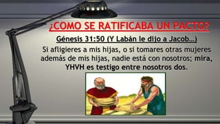 ¿COMO SE RATIFICABA UN PACTO?
Génesis 31:50 (Y Labán le dijo a Jacob…)
Si afligieres a mis hijas, o si tomares otras mujeres
además de mis hijas, nadie está con nosotros; mira,
YHVH es testigo entre nosotros dos.
 