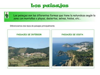 Los paisajes

   Los paisajes son las diferentes formas que tiene la naturaleza según la
   zona con montañas o playas, desiertos, selvas, hielos, etc…

Diferenciamos dos tipos de paisajes principalmente.



       PAISAJES DE INTERIOR                           PAISAJES DE COSTA
 