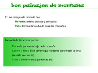 Los paisajes de montaña

En los paisajes de montaña hay:
        Montaña: terreno elevado y en cuesta
        Valle: terreno llano situado entre las montañas




La montaña tiene tres partes:

      Pie: es la parte más baja de la montaña
      Ladera o falda: es el terreno que va desde el pie hasta la cima
      (la parte intermedia)
      Cima o cumbre: es la parte más alta
 