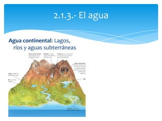 Agua continental: Lagos,
ríos y aguas subterráneas
2.1.3.- El agua
 