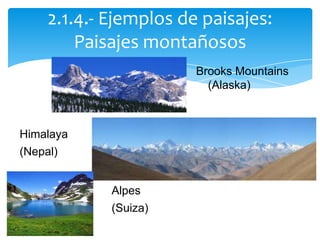 Brooks Mountains
(Alaska)
Himalaya
(Nepal)
Alpes
(Suiza)
2.1.4.- Ejemplos de paisajes:
Paisajes montañosos
 