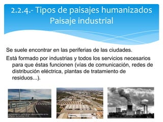 Se suele encontrar en las periferias de las ciudades.
Está formado por industrias y todos los servicios necesarios
para que éstas funcionen (vías de comunicación, redes de
distribución eléctrica, plantas de tratamiento de
residuos...).
2.2.4.- Tipos de paisajes humanizados
Paisaje industrial
 