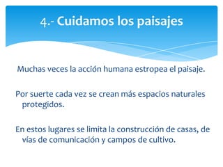 Muchas veces la acción humana estropea el paisaje.
Por suerte cada vez se crean más espacios naturales
protegidos.
En estos lugares se limita la construcción de casas, de
vías de comunicación y campos de cultivo.
4.- Cuidamos los paisajes
 