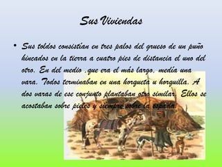Sus Viviendas
• Sus toldos consistían en tres palos del grueso de un puño
hincados en la tierra a cuatro pies de distancia el uno del
otro. En del medio ,que era el más largo, medía una
vara. Todos terminaban en una horqueta u horquilla. A
dos varas de ese conjunto plantaban otro similar. Ellos se
acostaban sobre pieles y siempre sobre la espada.

 