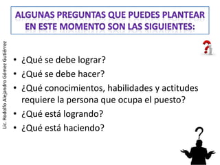 Lic. Rodolfo Alejandro Gómez Gutiérrez




                                         • ¿Qué se debe lograr?
                                         • ¿Qué se debe hacer?
                                         • ¿Qué conocimientos, habilidades y actitudes
                                           requiere la persona que ocupa el puesto?
                                         • ¿Qué está logrando?
                                         • ¿Qué está haciendo?
 