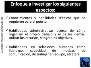  Conocimientos y habilidades técnicos que se
Lic. Rodolfo Alejandro Gómez Gutiérrez




                                           requieren para el puesto.

                                          Habilidades administrativas acerca de cómo
                                           organizar el propio trabajo y el de los demás,
                                           utilizar los recursos, y lograr los objetivos.

                                          Habilidades en relaciones humanas como
                                           liderazgo,  capacidad      de     motivar,     de
                                           comunicación, de trabajar en equipo, etcétera.
 