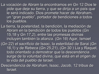 La vocación de Abram la encontramos en Gn 12 Dios le
   pide que deje su tierra, y que se dirija a un país que
   le será indicado. Dios promete hacer de Abraham,
   un “gran pueblo”, portador de bendiciones a todos
   los pueblos.
La tierra, la posteridad, la bendición, la mediación de
   Abram en la bendición de todos los pueblos (Gn
   15,18 y Gn 17,2), entre las promesas divinas
   incluyen también la alianza. (Gn 16) Agar, Ismael
(Gn 22) el sacrificio de Isaac, la esterilidad de Sarai (Gn
   16,1) y de Rebeca (Gn 25,21), (Gn 30 ) Lia y Raquel,
   todo orientado a demostrar que la descendencia
   surge de la voluntad divina, que está en el origen de
   la vida del pueblo de Israel.
Descendencia de Abraham, Isaac, Jacob, 12 tribus de
   Israel.
 
