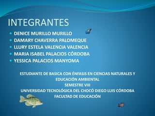 INTEGRANTES
 DENICE MURILLO MURILLO
 DAMARY CHAVERRA PALOMEQUE
 LLURY ESTELA VALENCIA VALENCIA
 MARIA ISABEL PALACIOS CÓRDOBA
 YESSICA PALACIOS MANYOMA
ESTUDIANTE DE BASICA CON ÉNFASIS EN CIENCIAS NATURALES Y
EDUCACIÓN AMBIENTAL
SEMESTRE VIII
UNIVERSIDAD TECNOLÓGICA DEL CHOCÓ DIEGO LUIS CÓRDOBA
FACULTAD DE EDUCACIÓN
 
