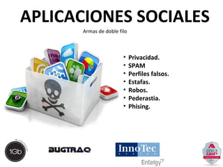 APLICACIONES SOCIALES 
Armas de doble filo 
• Privacidad. 
• SPAM 
• Perfiles falsos. 
• Estafas. 
• Robos. 
• Pederastia. 
• Phising. 
 