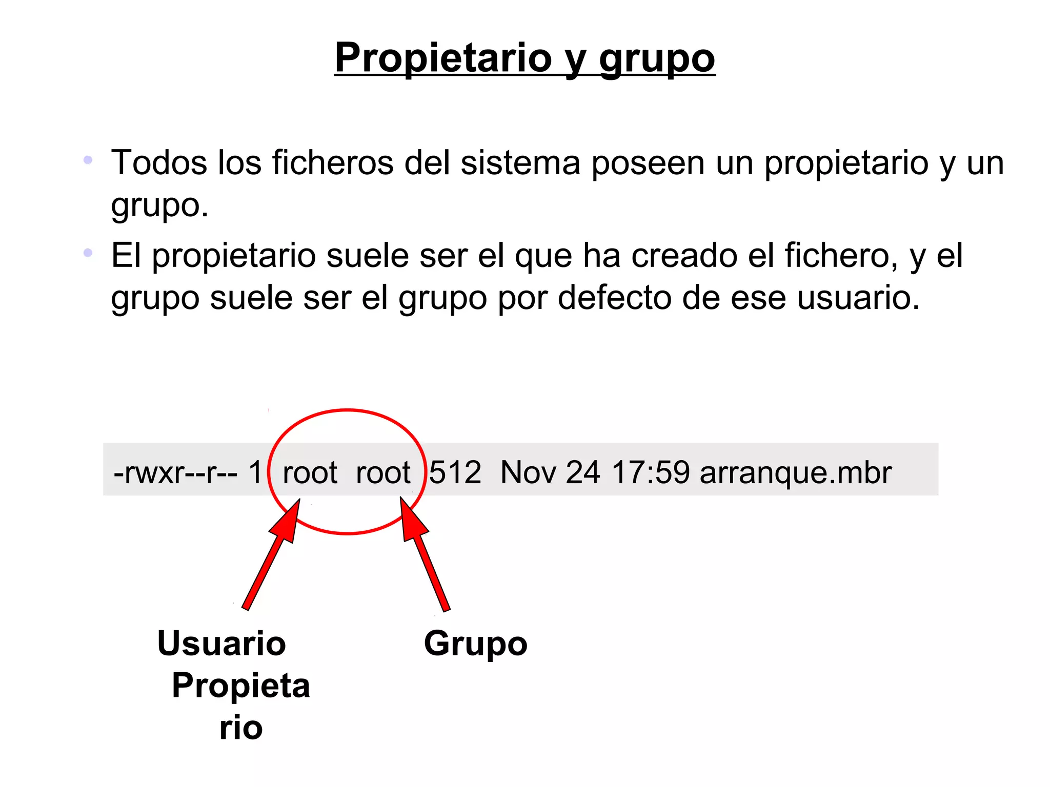 Propietario y grupo
• Todos los ficheros del sistema poseen un propietario y un
grupo.
• El propietario suele ser el que ha creado el fichero, y el
grupo suele ser el grupo por defecto de ese usuario.
-rwxr--r-- 1 root root 512 Nov 24 17:59 arranque.mbr
Usuario
Propieta
rio
Grupo
 