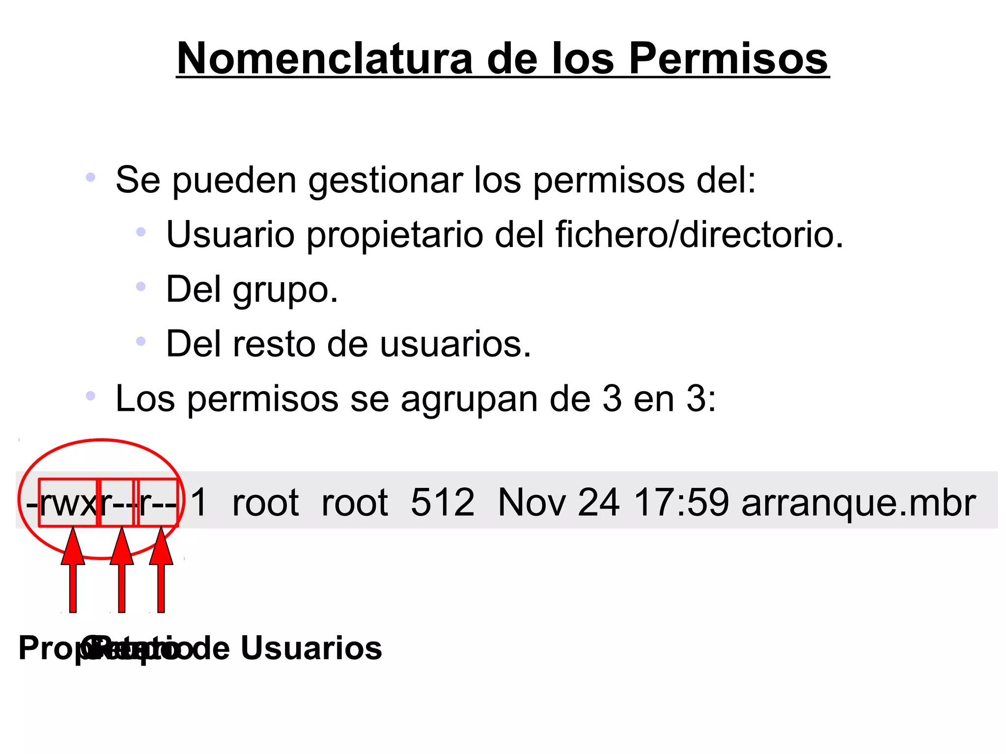 Nomenclatura de los Permisos
• Se pueden gestionar los permisos del:
• Usuario propietario del fichero/directorio.
• Del grupo.
• Del resto de usuarios.
• Los permisos se agrupan de 3 en 3:
-rwxr--r-- 1 root root 512 Nov 24 17:59 arranque.mbr
PropietarioGrupoResto de Usuarios
 