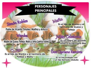 PERSONAJES
PRINCIPALES
Es el hijo de Wanka y el
hermano de Gueso y
Pellejo
Es un ratero de ganado
junto a su hermano Blas
Es el hijo de Wanka y el hermano de
Pellejo y Mañu Es un hacendado con
un hijo llamado Obdulio
 