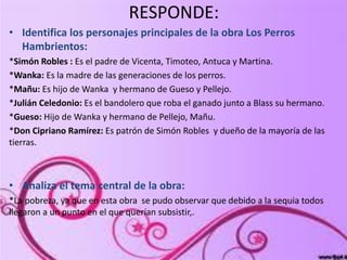 RESPONDE:
• Identifica los personajes principales de la obra Los Perros
  Hambrientos:
*Simón Robles : Es el padre de Vicenta, Timoteo, Antuca y Martina.
*Wanka: Es la madre de las generaciones de los perros.
*Mañu: Es hijo de Wanka y hermano de Gueso y Pellejo.
*Julián Celedonio: Es el bandolero que roba el ganado junto a Blass su hermano.
*Gueso: Hijo de Wanka y hermano de Pellejo, Mañu.
*Don Cipriano Ramírez: Es patrón de Simón Robles y dueño de la mayoría de las
tierras.



• Analiza el tema central de la obra:
*La pobreza, ya que en esta obra se pudo observar que debido a la sequia todos
llegaron a un punto en el que querían subsistir,.
 