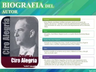 •Ciro Alegría, novelista y político peruano, nació en el caserío de
Quilca, uno de los 7 "pungos" (casas de administración y gestión), un
4 de noviembre de 1909, en la sierra del departamento de La Libertad,
Perú.
Nacimiento
•Su padre, José Eliseo Alegría Lynch, su madre María Herminia Bazan
Lynch.
Padres
•Estudió en el Colegio San Juan, siendo su primer maestro, el que le
enseñó a leer y escribir, el poeta peruano César Vallejo.
Estudios Prim. , Secun. Y Superiores
•Volvió a residir en su tierra con 51 años y falleció en Lima , a los 58
años en el año 1967.
Fallece
•Es, junto a José María Arguedas, el escritor más importante de la
corriente indigenista en el Perú. En sus novelas narra la vida de los
indígenas del Norte del Perú, diferentes a los indios menos
mestizados del sur que reflejan las novelas de Arguedas.
Otros datos
BIOGRAFIA DEL
AUTOR
 