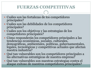 FUERZAS COMPETITIVAS
 Cuáles son las fortalezas de los competidores
principales?
 Cuáles son las debilidades de los competidores
principales?
 Cuáles son los objetivos y las estrategias de los
competidores principales?
 Cómo responderán los competidores principales a las
tendencias económicas, sociales. culturales,
demográficas, ambientales, políticas, gubernamentales,
legales, tecnológicas y competitivas actuales que afectan
nuestra industria?
 Qué tan vulnerables son los competidores principales a
las alternativas estratégicas de nuestra empresa?
 Qué tan vulnerables son nuestras estrategias contra el
ataque exitoso de nuestros competidores principales?
 