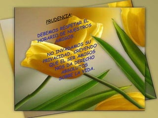 PRUDENCIA: DEBEMOS RESPETAR EL HORARIO DE NUESTROS AMIGOS. NO INVADAMOS SU PRIVACIDAD, CREYENDO QUE EL SER AMIGOS NOS DA DERECHO ABSOLUTOS SOBRE LA VIDA.