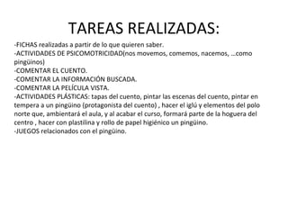 TAREAS REALIZADAS: -FICHAS realizadas a partir de lo que quieren saber. -ACTIVIDADES DE PSICOMOTRICIDAD(nos movemos, comemos, nacemos, …como pingüinos) -COMENTAR EL CUENTO. -COMENTAR LA INFORMACIÓN BUSCADA. -COMENTAR LA PELÍCULA VISTA. -ACTIVIDADES PLÁSTICAS: tapas del cuento, pintar las escenas del cuento, pintar en tempera a un pingüino (protagonista del cuento) , hacer el iglú y elementos del polo norte que, ambientará el aula, y al acabar el curso, formará parte de la hoguera del centro , hacer con plastilina y rollo de papel higiénico un pingüino. -JUEGOS relacionados con el pingüino. 