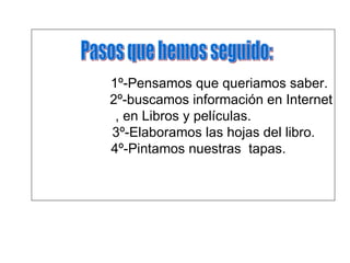 1º-Pensamos que queriamos saber. 2º-buscamos información en Internet , en Libros y películas. 3º-Elaboramos las hojas del libro. 4º-Pintamos nuestras  tapas. Pasos que hemos seguido: 