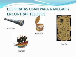 LOS PIRATAS USAN PARA NAVEGAR Y
ENCONTRAR TESOROS:


CATALEJO

                   BRUJULA




                             MAPA


           BARCO
 
