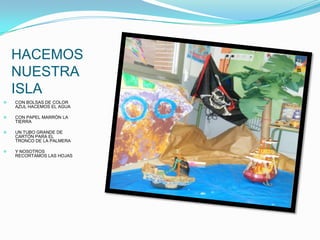 HACEMOS
    NUESTRA
    ISLA
   CON BOLSAS DE COLOR
    AZUL HACEMOS EL AGUA

   CON PAPEL MARRÓN LA
    TIERRA

   UN TUBO GRANDE DE
    CARTÓN PARA EL
    TRONCO DE LA PALMERA

   Y NOSOTROS
    RECORTAMOS LAS HOJAS
 
