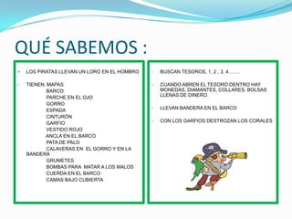 QUÉ SABEMOS :
   LOS PIRATAS LLEVAN UN LORO EN EL HOMBRO   •   BUSCAN TESOROS, 1, 2 , 3, 4…….

•   TIENEN: MAPAS                             •   CUANDO ABREN EL TESORO DENTRO HAY
            BARCO                                 MONEDAS, DIAMANTES, COLLARES, BOLSAS
            PARCHE EN EL OJO                      LLENAS DE DINERO.
            GORRO
                                              •   LLEVAN BANDERA EN EL BARCO
            ESPADA
            CINTURÓN
                                              •   CON LOS GARFIOS DESTROZAN LOS CORALES
            GARFIO
            VESTIDO ROJO
           ANCLA EN EL BARCO
            PATA DE PALO
            CALAVERAS EN EL GORRO Y EN LA
    BANDERA
            GRUMETES
            BOMBAS PARA MATAR A LOS MALOS
            CUERDA EN EL BARCO
            CAMAS BAJO CUBIERTA
 