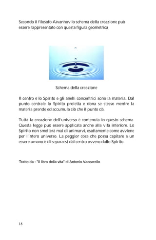 Secondo il filosofo Aïvanhov lo schema della creazione può
essere rappresentato con questa figura geometrica




                        Schema della creazione

Il centro è lo Spirito e gli anelli concentrici sono la materia. Dal
punto centrale lo Spirito proietta e dona se stesso mentre la
materia prende ed accumula ciò che il punto dà.

Tutta la creazione dell’universo è contenuta in questo schema.
Questa legge può essere applicata anche alla vita interiore. Lo
Spirito non smetterà mai di animarvi, esattamente come avviene
per l'intero universo. La peggior cosa che possa capitare a un
essere umano è di separarsi dal centro ovvero dallo Spirito.



Tratto da : "Il libro della vita" di Antonio Vaccarello




18
 