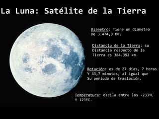 La Luna: Satélite de la TierraDiametro: Tiene un diámetroDe 3.474,8 Km.Distancia de la Tierra: suDistancia respecto de la Tierra es 384.392 km.Rotación: es de 27 días, 7 horasY 43,7 minutos, al igual queSu período de traslación.Temperatura: oscila entre los -233ºCY 123ºC.