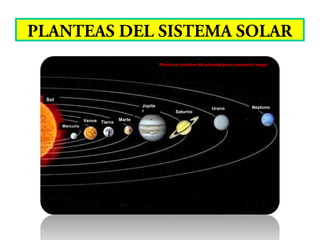 PLANTEAS DEL SISTEMA SOLAR
Mercurio
Venus Tierra
Marte
Júpite
r Saturno
Urano Neptuno
Sol
Pincha el nombre del planeta para conocerlo mejor.
 