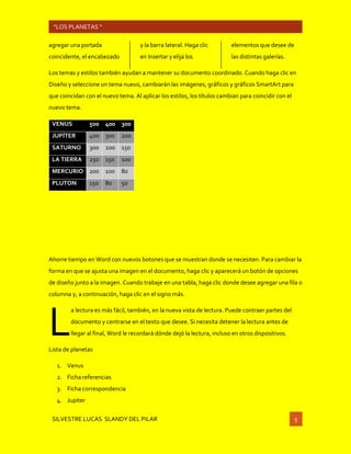 SILVESTRE LUCAS SLANDY DEL PILAR 5
“LOS PLANETAS “
agregar una portada
coincidente, el encabezado
y la barra lateral. Haga clic
en Insertar y elija los
elementos que desee de
las distintas galerías.
Los temas y estilos también ayudan a mantener su documento coordinado. Cuando haga clic en
Diseño y seleccione un tema nuevo, cambiarán las imágenes, gráficos y gráficos SmartArt para
que coincidan con el nuevo tema. Al aplicar los estilos, los títulos cambian para coincidir con el
nuevo tema.
VENUS 500 400 300
JUPÍTER 400 300 200
SATURNO 300 200 150
LA TIERRA 250 150 100
MERCURIO 200 100 80
PLUTON 150 80 50
Ahorre tiempo en Word con nuevos botones que se muestran donde se necesiten. Para cambiar la
forma en que se ajusta una imagen en el documento, haga clic y aparecerá un botón de opciones
de diseño junto a la imagen. Cuando trabaje en una tabla, haga clic donde desee agregar una fila o
columna y, a continuación, haga clic en el signo más.
a lectura es más fácil, también, en la nueva vista de lectura. Puede contraer partes del
documento y centrarse en el texto que desee. Si necesita detener la lectura antes de
llegar al final, Word le recordará dónde dejó la lectura, incluso en otros dispositivos.
Lista de planetas
1. Venus
2. Ficha referencias
3. Ficha correspondencia
4. Jupiter
L
 