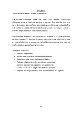 Evaluación
La evaluación la vamos a realizar en tres fases:
Una primera evaluación inicial que tiene como objetivo proporcionar
información sobre la base que ya tiene el alumno. Otra continúa, que es a
través del proceso de enseñanza-aprendizaje y por último una evaluación final
para analizar la consecución de los objetivos propuestos al principio. La lista de
control la emplearemos en estas tres situaciones.
Esta evaluación es interna y es realizada por la maestra. El modo de evaluar es
mediante observación, recogida de datos e interpretación de la información que
se recoja a lo largo de la semana, con la finalidad de comprobar si ha obtenido
o no los objetivos que se hayan propuestos.
Criterios de evaluación:
-

Identifica los planetas.

-

Maneja adecuadamente las nuevas tecnologías.

-

Respeta su turno en las distintas actividades.

-

Participa activamente en las actividades propuestas.

-

Identifica las nociones espaciales adecuadamente.

-

Escribe el nombre de los planetas de forma correcta.

-

Adquiere una mayor destreza en la psicomotricidad fina y gruesa

12

 