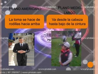 Plano medio largo Plano americano  La toma se hace de rodillas hacia arriba Va desde la cabeza hasta bajo de la cintura  