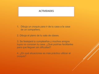 1. Dibuja un croquis para ir de tu casa a la casa
de un compañero.
2. Dibuja el plano de tu sala de clases.
3. Se festejará tu cumpleaños y muchos amigos
tuyos no conocen tu casa. ¿Qué podrías facilitarles
para que lleguen sin dificultad?
4. ¿En qué situaciones es más práctico utilizar el
croquis?
ACTIVIDADES
 