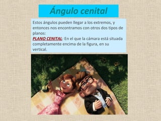 Estos ángulos pueden llegar a los extremos, y
entonces nos encontramos con otros dos tipos de
planos:
PLANO CENITAL: En el que la cámara está situada
completamente encima de la figura, en su
vertical.
Ángulo cenital
 